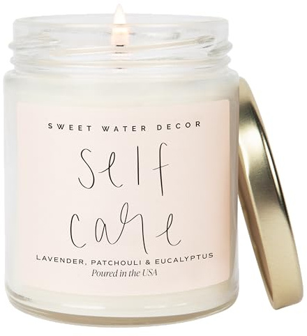 Sweet Water Decor Self Care Soy Candle - Patchouli Eucalyptus & Lavender Candles for Home - 100% Cotton Wick & Spa Scented Soy Wax Candles with 40 Hour Burn Time - 9oz Clear Jar - Made in the USA