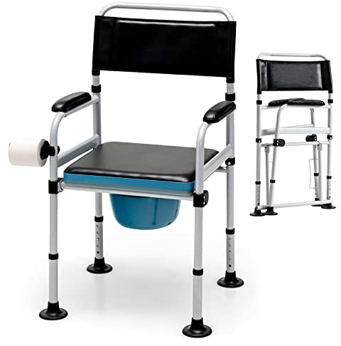Goplus 4-in-1 Folding Bedside Commode, 440lbs Commode Chair for Toilet with Arms, Padded Seat, Height Adjustable Bedside Toilet, Shower Chair, Adult Potty Chair for Seniors Elderly Disabled Bariatric