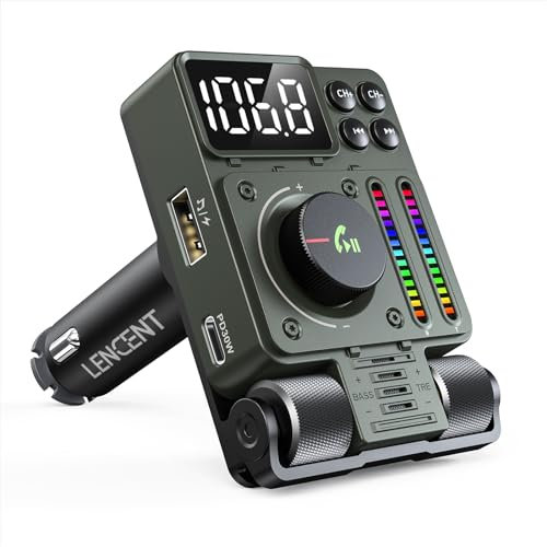 LENCENT Bluetooth 5,3 Auto FM Transmitter,Bluetooth Transmitter Auto Adapter, Unterstützt PD30W Schnellladung Zigarettenanzünder Autoladegerät, Freisprechen, Siri Google Assistant
