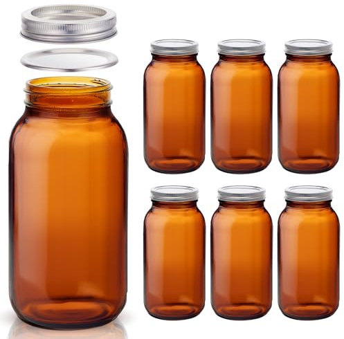 6 Pieces 64 oz Amber Glass Mason Jars Glass Mason Jars Amber Canning Jar Container Set Embossed Half Gallon Fermenting Jars with Airtight Lids for Canning Freezing Preserving Beverages Jar Decor