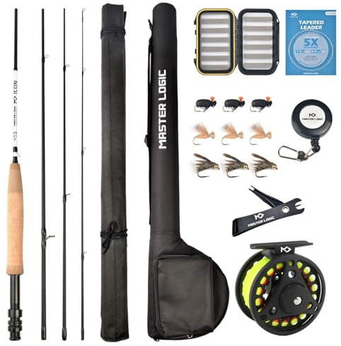 MASTER LOGIC Fly Fishing Rod and Reel Combo Starter Kit, Graphite Fly Rod with Cork Handle, Die Cast Aluminum Reel, Fly Box Case & Fishing Flies and Carrying Case and Accessories(3/4wt-7'0-4pc)