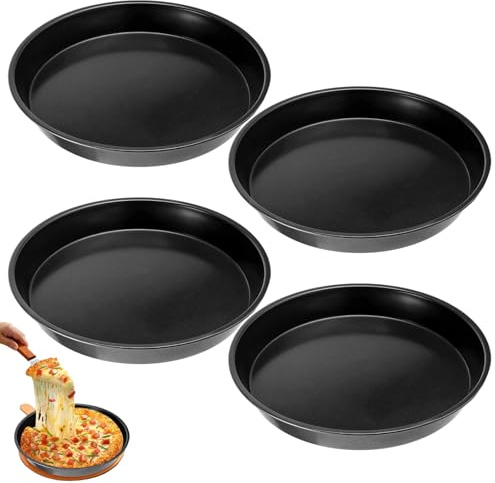 VIDETOL 4 Stück Backblech Rund, Antihaftbeschichtet Pizzablech Rund 28 cm, Schwarz Pizza Pfanne Carbonstahl für Backen