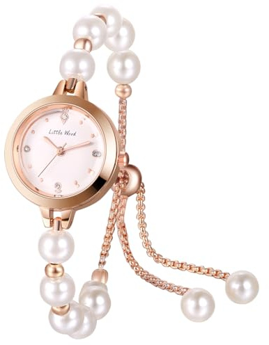 JewelryWe Reloj Pulsera Perlas Mujer: Relojes Analógico de Cuarzo Redondo Pequeño para Señora Oro Rosa Resistente Al Agua Correa Ajustable de Acero Inoxidable - para Uso Diario Regalo