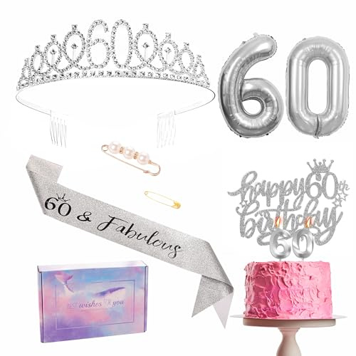 Decorazione per il 60° Compleanno Donna, Decorazione Argento per il 60° Compleanno, Corona di Compleanno e Nastro, Decorazione per Torta di Compleanno e Candele, Palloncino Foil 60, 60° Regalo per