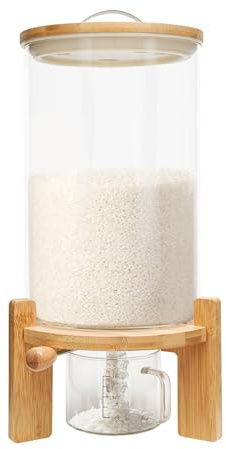 Ageanbri Rice Dispenser Cereal Dispenser Rice Storage Container Flour and Cereal Container with Airtight Lid and Wooden Stand, Glass Food Storge Container for Kitchen Organization, Pantry Store (7.5L)