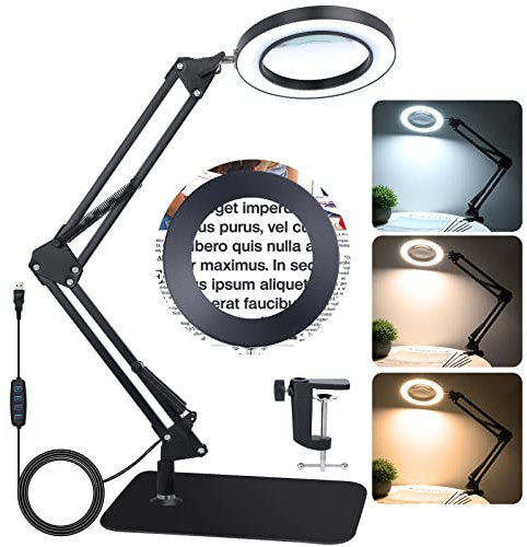 NZQXJXZ 2-in-1 Lupe mit Licht und Ständer, 10X Lupenlampe mit Ständer, 3 Farbmodi 10 stufenlos dimmbare Tischlupe für Naharbeiten, Schmuck, Lesen, Basteln, Hobby