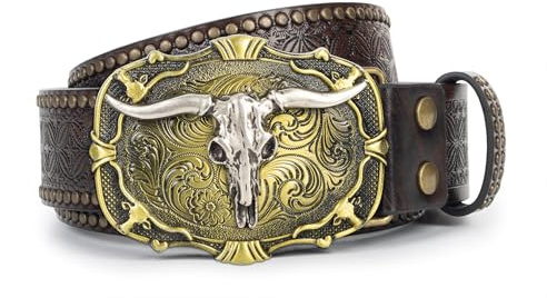 INOGIH Western Cowboy - Cinturón de piel sintética para hombre, correa de cintura para hombre, remache decorativo con tachuelas para pantalones de mezclilla de 31 a 38 pulgadas de cintura, Marrón con