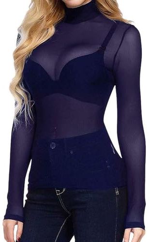 Blusa Corta de Malla Transparente para Mujer, Manga Larga, Sexy, Transparente, para Club, Azul Oscuro, S