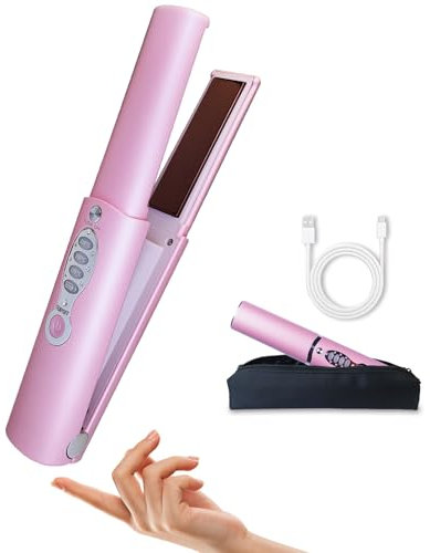 Cordless Mini Travel Hair Straightener and Curler 2 in 1 for Short Hair, Portable, Rechargeable, Fast Heating, Dual Voltage, 5000mAh Battery, 3 Temp Settings (Shocking Pink)
