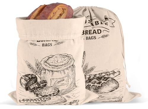 2pcs Sacs à Pain Réutilisables, 35x45cm Grands Lavables Sacs de Rangement du Pain en Tissu de Coton avec Attaches Stockage du Pain Grillé Fraîcheur Sécurisée