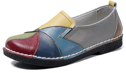 Sunporx Femmes Confort Mocassins Chaussures Casual Multicolore Splice Stitch Cuir Semelle Souple Plat Antidé Rapant Driving Walking