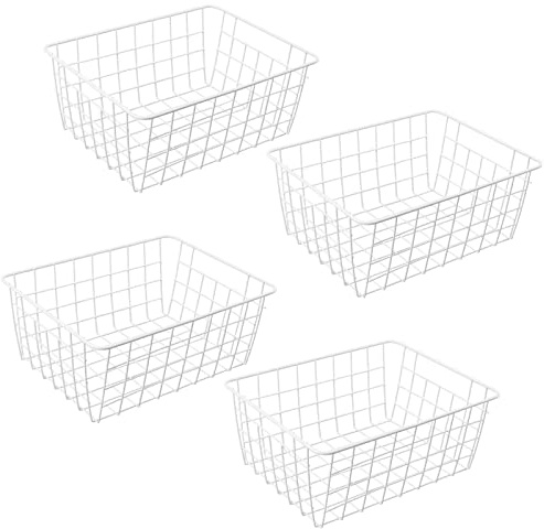 MUNGHOK 4 cestas de alambre de metal, color blanco, 28 x 22 x 12 cm, cesta de hierro blanco, cesta de almacenamiento de metal, cestas de almacenamiento de alambre para oficina, cocina, baño, armarios