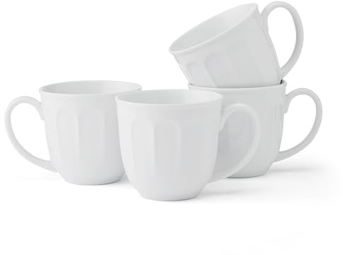 Fitz and Floyd Everyday Vintage Scalloped Set of 4 Porcelain Coffee Tea Mugs, 13 Ounce, White