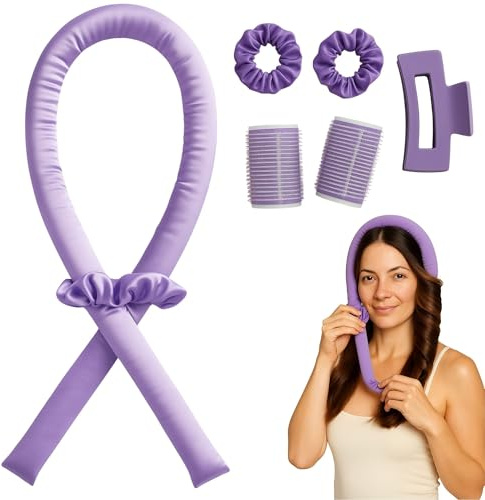PINDAV Kit Bigodini Capelli Senza Calore – Curler + 2 Bigodini, 2 Elastici e 1 Molletta | Onde Morbide e Voluminose, Styling Facile e Sicuro, Adatto a Tutti i Tipi di Capelli, VIOLA