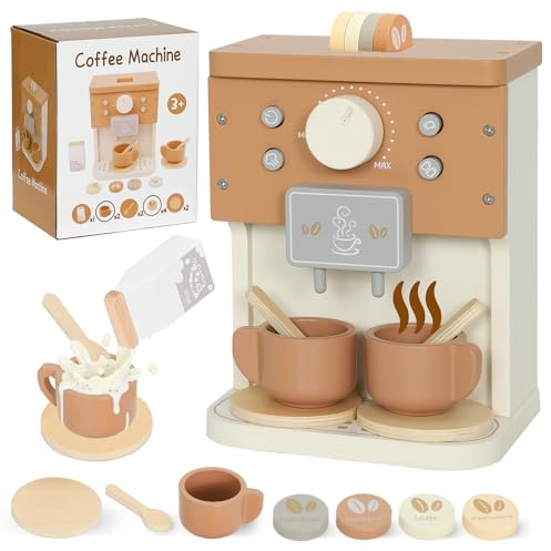 AIYAPLAY Set Macchina del Caffè Giocattolo in Legno, Gioco in Legno per Bambini da 3 Anni in Su con Pulsanti e Accessori, Marrone