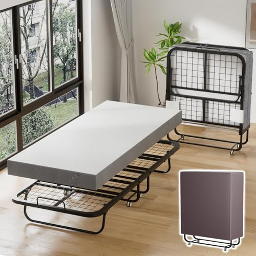 Jaxguom Fällbar säng på 90 x 200 med 13 cm madrass, gästsäng, hopfällbar utan montering, kan belastas på 150 kg metallsäng med 4 låsbara hjul – utrymmesbesparande för gäster, kontor, sovsal och