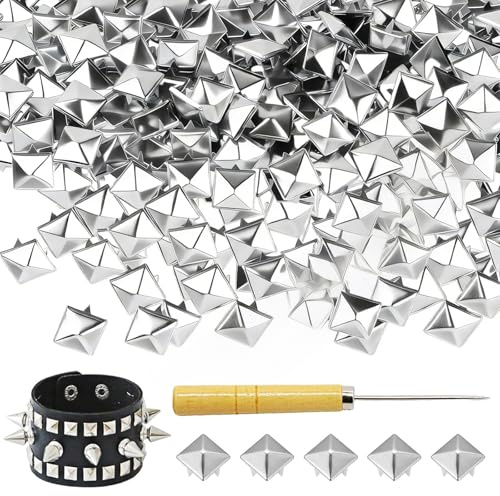 PacuM 1000 Stück Quadratische Nieten Metall Dekorative Ziernieten Studs für Leder Pyramide Spike Nieten für Kleidung Taschen Lederband Schuhe Mäntel Handschuhe(10 mm, Silber)