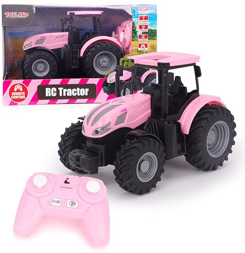 Toyland® 1:24 Trattore giocattolo radiocomandato rosa in scala con luci e ricarica USB - Batteria ricaricabile inclusa - Veicolo da gioco agricolo per interni ed esterni