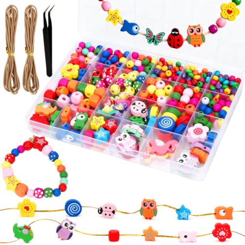 450-500 Pièces Perles en Bois à Enfiler pour Enfants, Fleurs et Animaux colorées, Perle en Boising Multicolores Enfants Bricolage avec Ficelle et Pince à épiler, pour Bracelets, Bijoux, Colliers