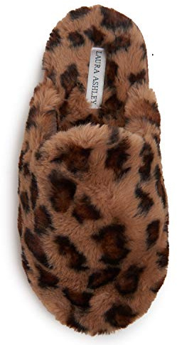 Laura Ashley Scuff Slippers, Plush Animal Print Slip-Ons for Women with Memory Foam Insole, Brown Large