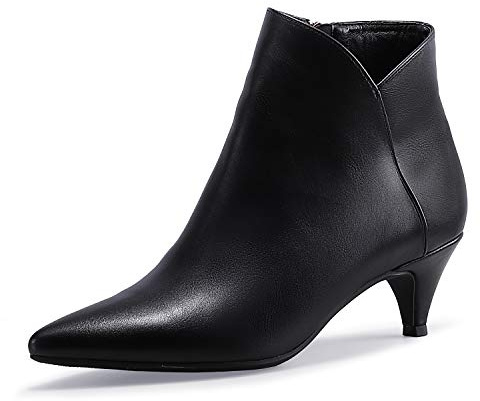 IDIFU Women's Kira Dress V-Cut Low Heel Pointed Toe Ankle Bootie Side Zipper Classic Short Boots(Black Pu, 7.5 M US)
