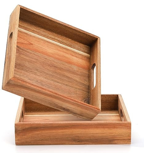YOUEON 2er Set Akazienholz Serviertablett mit Griffen, 25 x 25 x 5 cm dekorative Serviertabletts, Ottomane Tablett, Couchtisch Tablett, quadratisches Holztablett für Essen, Abendessen, Kaffee