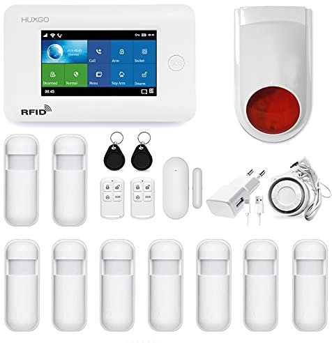 HUXGO HXA006 Funk Alarmanlage WiFi + GSM 4G Modul mit 9 Bewegungssensoren und Funksirene - Bewegungsmelder mit Alarm, SMS-Benachrichtigungen, Steuerung vom Telefon aus
