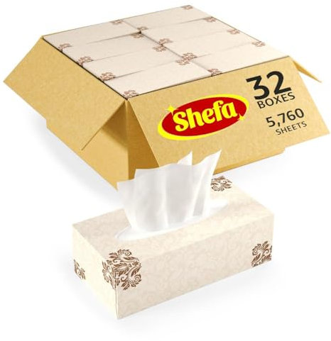 Shefa 5760 Facial Tissues Bulk Paper Box - 32 Flat Box with Grab-and-Go Opening, 2-Ply Soft Tissue for Face & Nose,Home, Office, & Classroom Use