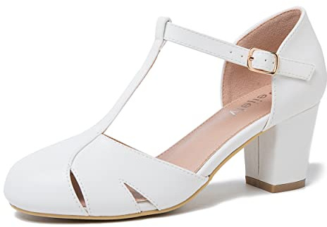 Women's T-Strap Block Heel Pumps, Ankle Buckle Closure, Classic Cut Out Round Toe Dress Shoes Matte White 39 - US 8
