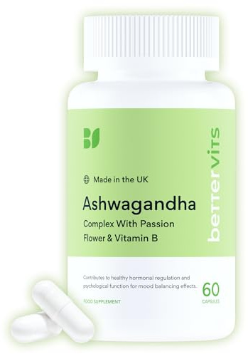 Bettervits Ashwagandha High Strength Complex with Passion Flower & Vitamin B | Organic KSM-66 Ashwagandha 800mg | Stress & Cortisol Support Supplement | 60 Capsules
