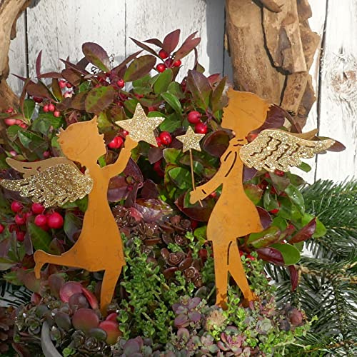 Storm's Gartenzaubereien Lot de 2 piquets de jardin en forme d'ange avec étoile aspect rouille - Doré - 20 cm