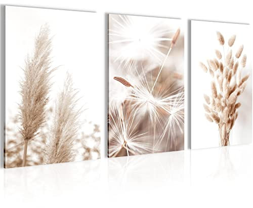 Novart Bilder Set Boho Pampasgras - Kein Extra Rahmen benötigt - Wandbilder für Wohnzimmer Schlafzimmer - 3 Teilig Deko Beige - N008936a