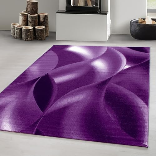 Carpetsale24 Teppich 140x200 cm Lila Kurzflor Abstrakt Wellen Design Moderner Teppich für Wohnzimmer Schlafzimmer Flur Küche Esszimmer Kinderzimmer Pflegeleicht Weich