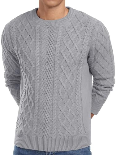 QIXING Suéteres de Hombre de Pescador Texturizado de Cable Tejido Cuello Redondo para Hombre Reino Unido Suéteres Casuales de Manga Larga de Tejido Suave con Borde acanalado, gris, M