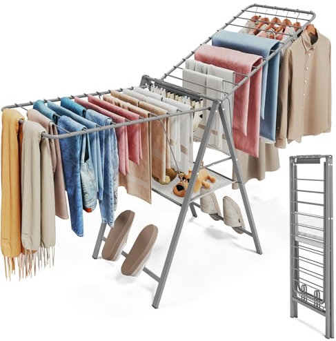 SYKIARIOL Wäscheständer, Faltbare Standtrockner mit 2 Flügeln, Flügelwäschetrockner mit höhenverstellbaren Gullwings, Wäscheständer für Bettwäsche und Kleidung, Grau