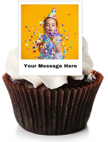 12 Personalised Edible Cake Toppers | Multiple Shapes & Sizes | Custom Image & Message | PRE-CUT Icing or Wafer Card | 2 Inch Polaroid - Pack of 12