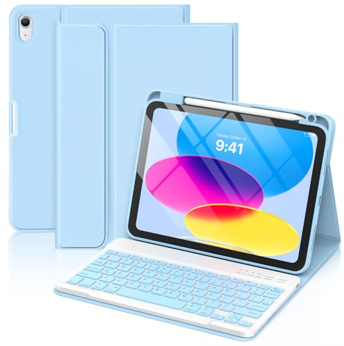 GAOJIE Keyboard Case for iPad A16 11th Generation 2025/10th Generation 2022(11/10.9 inch), Keyboard Cover with Pencil Holder, Wireless Detachable Keyboard for iPad 11/10 Gen (Blue)