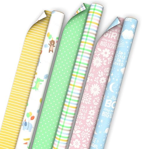 Hallmark Baby Shower Reversible Wrapping Paper Rolls (3 Rolls: 75 Sq. Ft. Total) Party Animals, Yellow Stripes, Mint Green Polka Dots, Pastel Plaid, It's A Boy Blue Clouds, It's A Girl Pink Flowers
