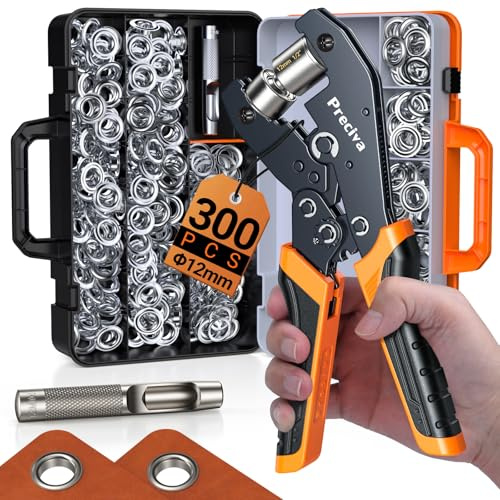 Ojales para Lonas Profesionales, Máquina de Ojales Preciva con 300 Piezas de Ojales (Ø Interno 12mm), para Lonas Multifunción para Cuero, Lonas, Cartón, PVC, Telas y Toldos, etc.