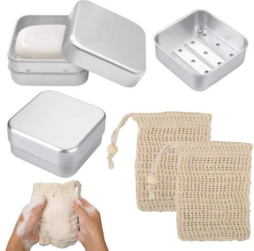 Tarqite 2 contenitori per sapone in alluminio, con griglia di scolapiatti e 2 reti per sapone, portasapone da viaggio e casa, portasapone portatile con coperchio per sapone da barba (argento, quadrato