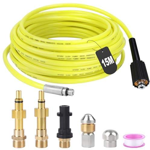 SWAWIS Tuyau Nettoyeur Haute Pression 15M 180bar Furet Deboucheur Canalisation Flexible Tuyau Deboucheur Canalisation Haute Pression avec 2 Buses 3 Adaptateurs pour Kärcher K2-K7 Lavor Parkside Bosch