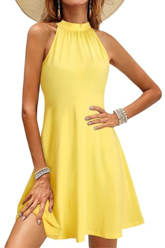OUGES Robe D'éTé Ladies Knee Length Halterneck Dress Summer Floral Pattern Elegant Cocktail Dress(Jaune-M)