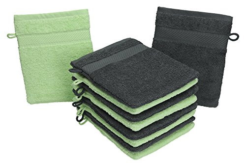Betz 10 Stück Waschhandschuhe Palermo 100% Baumwolle Waschlappen Set Größe 16x21 cm Farbe anthrazit und grün