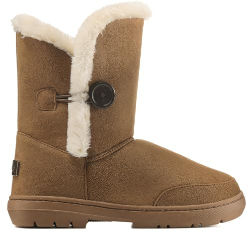 Holly Women’s Waterproof Winter Ankle Boots - Faux Fur Lined Slip-On Shoes with Single Button Detail - Comfortable Warm Outdoor Footwear - Tan - UK6/39