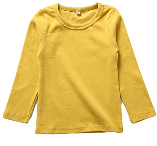 Kids Basic Round Neck Top Girl Boy Stretchy Long Sleeve T-Shirt School Tee Cotton Warm Tops Yellow 8 Years