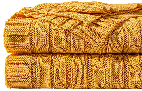 NTBAY 100% Pure Cotton Cable Knit Throw Blanket, Super Soft Warm Knitted Throw Blanket for Couch, Sofa, Chair, Bed - Extra Cozy, Machine Washable, Comfortable Home Decor, Ginger Yellow, 130x170 cm