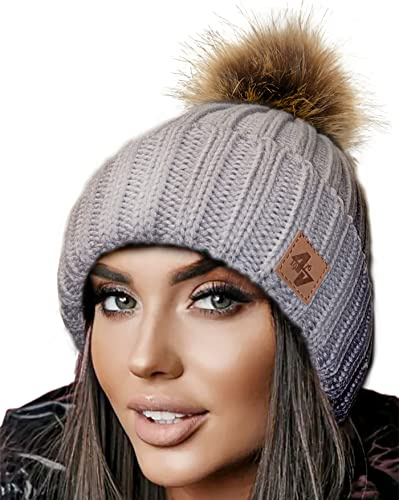 4sold Herr, dam, vinterstil, mössa, stickad mössa med pälstofs, tofs, hatt, stickad toppluva, enkel, ski pom, av ull med mysigt fleecefoder