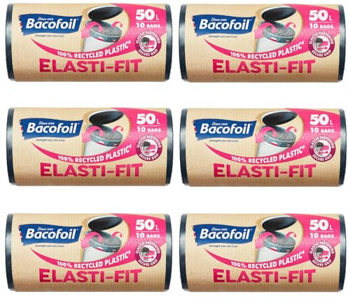 Bacofoil Elasti-Fit Bin Liners - 50L Recycled bin bags, 6 Rolls (60 Bags) - Leak-Proof, Elastic Fastening for Secure Fit - Made from 100% Recycled Plastic - Eco-Friendly Waste Disposal.