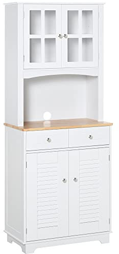 HOMCOM Alacena de Cocina Armario de Cocina Aparador de Comedor con 2 Cajones Estantes Ajustables y Estante Abierto Antivuelco 68x39,5x170 cm Blanco