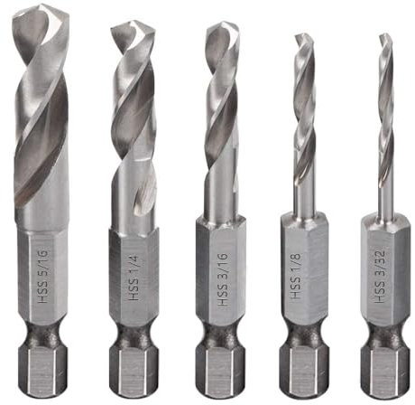 5 Stück Bohrer Mit Sechskantschaft Impact 1/4 Sechskantschaft Metallbohrer für Winkelbohrmaschine und die Bearbeitung Bohren, 1/4, 1/8, 3/16, 5/16, 3/32 Zoll